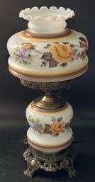 Vintage Electric Base Hurricane Table Lamp With Hand Painted Roses On Font & Globe, 20.5'H