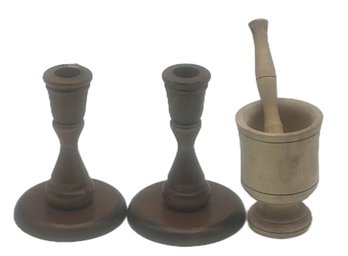 Vintage Treenware Turned Candlestick Holders, 4-1/8' X 5-7/8' And Turned Mortar & Pestle