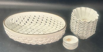 Ceramic Lot - Reticulated Bread Basket, 8.5' X 7.5' X 2.5'D, 10 Nut Bowls And 5 Salts
