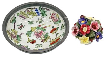 2 Pcs - Asian Porcelain Ashtray Bowl Encased In Pewter, 6' Diam. And Ansley Bone China Flower Basket