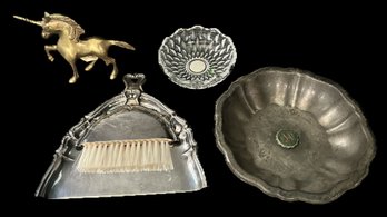 4 Pcs - Butler's Crumb Brush & Tray, Brass Unicorn, Crystal Dresser Bowl And Manchester Country Club SP Dish