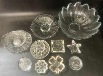 11 Pcs Misc Glass Bowls, Ashtrays, Floral Frog, Coaster And Other Table Top Items, Largest 10.5' Diam. X 5'H