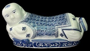 Vintage Chinese Blue & White Porcelain Child Form Pillow Neck Rest, 12' X 6' X 5.5'H