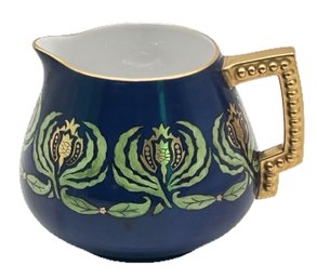 Spectacular Antique Cobalt Blue Lemonade Pitcher With Gold Gilt Rim & Thistle Design And Handle, 5.75'H