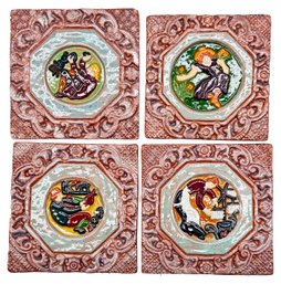 4 Pcs Vintage Hand Made & Glazed Tiles From Backlund Tile Works, Doylestown, PA, Each Approx. 4' Sq