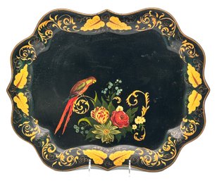 Vintage Tole Painted Tray With Parrot And Gold Leaves Decorations, 18.5' X 15'H