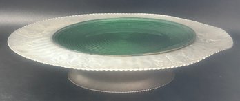 Vintage Stamped Aluminum Rotating Footed Serving Tray With Green Painted Glass Insert, 16.25' Diam. X 3'H