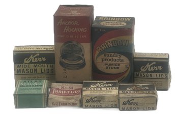 Canning Jar Lids In Original Boxes Including Kerr, Anchor Hocking, Atlas Seal-All & Thrift-Lids & Pumice Stone