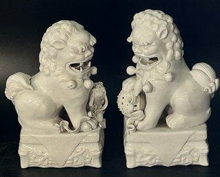 2 Pcs Pair Chin Blanc Chinese Foo Lion Temple Dogs, 8.5'H