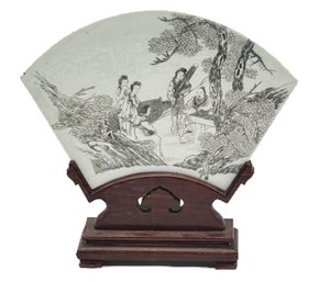 Vintage Chinese Porcelain Fan Shaped, Monochrome, Tile In Hardwood Stand, 11.5' X 2.5' X 11.5'H