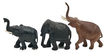 3 Pcs Vintage Carve Tourist Souvenir Elephants, 2-With Raised Trunks & Tusks