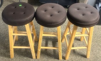 3 Pcs Natural Wood Bar Stools With Swivel Seat And Removeable Cushions, 25.5'H