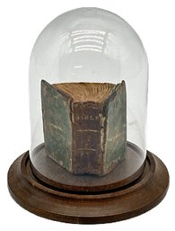 Antique 1815 Miniature (2'H) Leather Bound Bible Under Glass Dome, 4.75'H