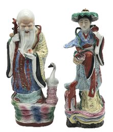 2 Pcs Large Asian Figurines, Immortal Male H As A Cartouche, Signed, 14'H