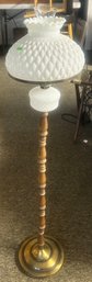 Vintage Floor Lamp With Turned Wooden Column Brass Base And Milk Glass Quilted & Hobnail Glass, 51'H