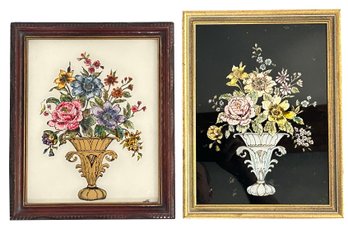 2 Pcs Framed Reverse Painted Glass Foil Tinsel Floral Arrangement In Vases