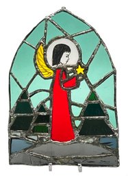 Vintage Leaded Stained Glass Light Catcher Of Angel With Star, Signed Marieke, 6.25' X 9'H, Couple Cracks