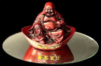 Vintage Cinnabar Hotei Buddha On Oval Mirror, 4'W X 4:H