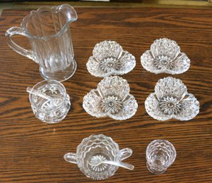 Clear Glass Lot: 4 Dishes, 1 Pitcher, 2 Sugar Bowls, 1 Egg Cup