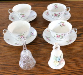 Lot: Four Norcrest China Cups & Saucers Plus Two Small Bells - 1 Glass - 1 China