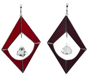 2 Pcs Similar Vintage Stained Glass Diamond Shaped Light Catchers With Hanging Crystals, Red & Purple, 7.25'L