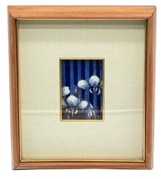 Vintage Asian Framed In Shadow Box Irises With Blue Stripped Back Ground, 10.25' X 11.75'H