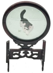 Vintage Asian Silk Cat & Praying Mantis In Round Wood Bound Lense Frame On Stand, 7' Diam. X 11.25'H