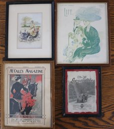 Group Of Four Older Framed Items: 1902 McCalls Cover - 1909 Life Magazine Cover - Locomobile Ad