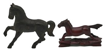 2 Pcs Vintage Horse With Raised Hoof Still Bank, 5' X 4.25'H And Carved Chinese Running Horse