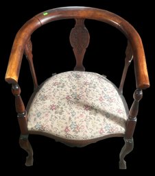 Antique Horseshoe Back Arm Chair With Upholstered Seat And Carved Back, 23.25' X 20.5' X 30'H
