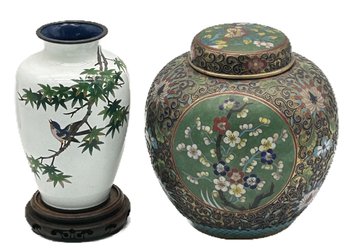 2 Pcs Asian Enameled Brass Vase With Song Bird On Stand And Antique Cloisonne Covered Ginger Jar,6.5'H