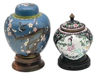 2 Pcs Asian Covered Enameled Brass Vases On Stands, Cloisonne With Birds 10'H & Woman Doing Calligraphy