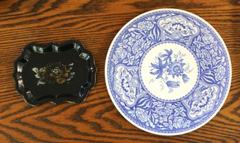 Spode Blue Plate & Small Painted Metal Tray - Spode Plate Is 12.5' D - Tray Is 9' W