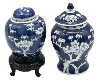 2 Pcs Asian Blue & White Porcelain Cover Jars, One On Black Glass Stand