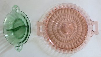 Depression Glass - Pink Serving Dish W/handles - 11'W  & Green Condiment Dish - 8'W