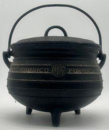 Antique ALBA Cast Iron Tri-Footed Fireplace Pot W/Lid And Swing Handle, 8' Diam. X 8'H (10'H Top Of Handle)