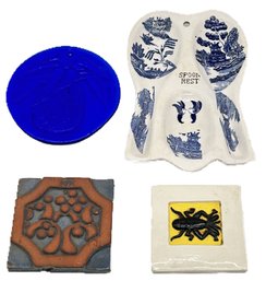 4 Pcs Lot - Cobalt Blue Pineapple Light Catcher, 1976 Bi-Centennial Ball Tile, Spoon Rest And Other Tile