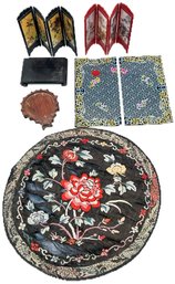 Asian Tabletop Lot - 2-Plastic Miniature Folding 4-Panel Screens, 2 Wooden Stand Or Textiles