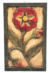 Vintage Carved Wooden Panel Relief Of Flower & Stem, 9.75' X 15.75'H