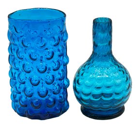 2 Pcs Blue Glass Vases, 1960s Blenco Bubble Glass By Wayne Husted & Spider Wed Design Bottle Neck