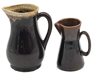 2 Pcs Vintage Brown Drip Glazed Syrup Or Juice Pitchers, Tallest 7.5'H