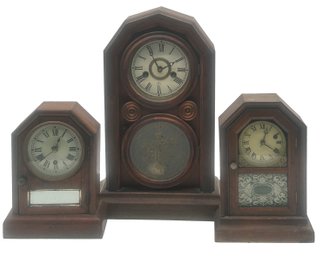 3 Pcs Similar Graduated Antique Shelf Clocks, Tallest 16.25'H, Pendulums & Keys Present (Not Test)