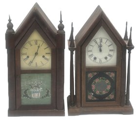 2 Pcs Steeple Clocks, Reverse Painted Glass Doors, Tallest 19.75'H, Pendulums & Keys Present (Not Test)