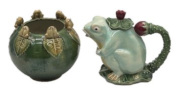 2 Pcs Majolica - Henrikson Green Frog Pitcher7.5'H And Frogs On Lily Pad Asian Planter