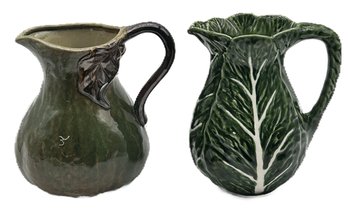 2 Majolica Pitchers - Olfaire Portugal Cabbage Leaf And Gorde Form With Leaf