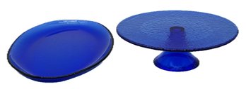 2 Pcs Matching Design Cobalt Blue Glass  - 11' Diam. Footed Cake Stand And 15.25' 9.75' Oval Serving Platter