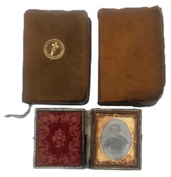 3 Pcs - 2 Small Sueded Leather & Gold Embossed Bound Bibles And Daguerreotype, 2.5' X 3'