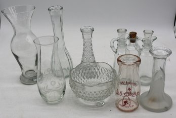 Lot Of Glass Items - Bud Vases - Oil/vinegar Set - Milk Bottle - Footed Bowl