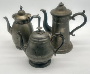 3 Pcs Antique Pewter Tea Or Coffee Pots, Tallest 11'H, One Marked OTS DAILY'
