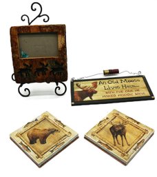 Wildlife Lot - Moose & Bear Items - Plaques - Stand - Cork Backed Trivets